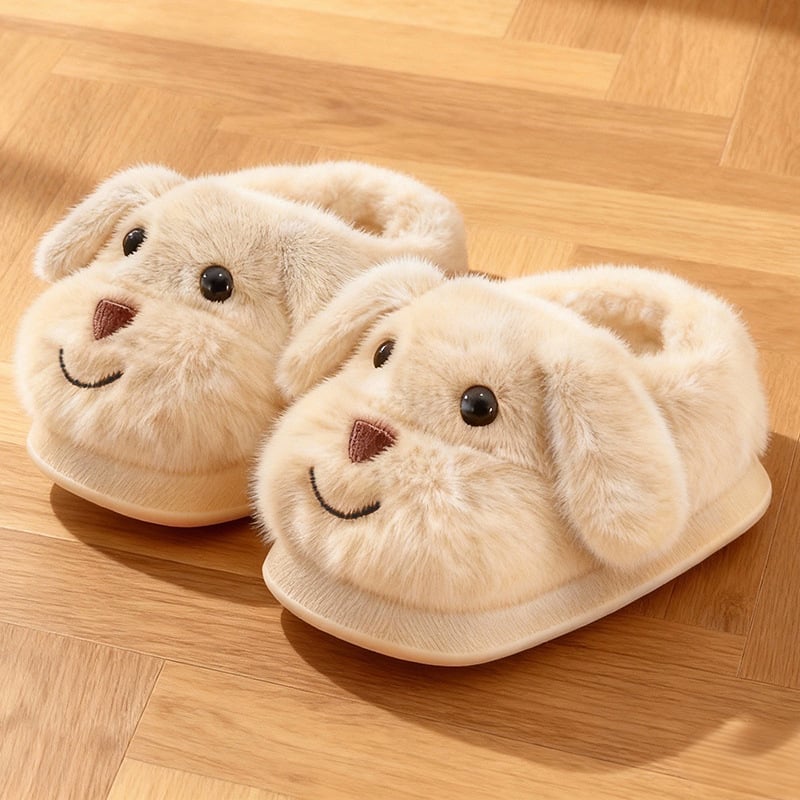 Uniszex gyerek téli beltéri papucs velúr felsőrésszel, rajzolt kutyás mintával, csúszásmentes PVC talppal, vastag belső párnázással