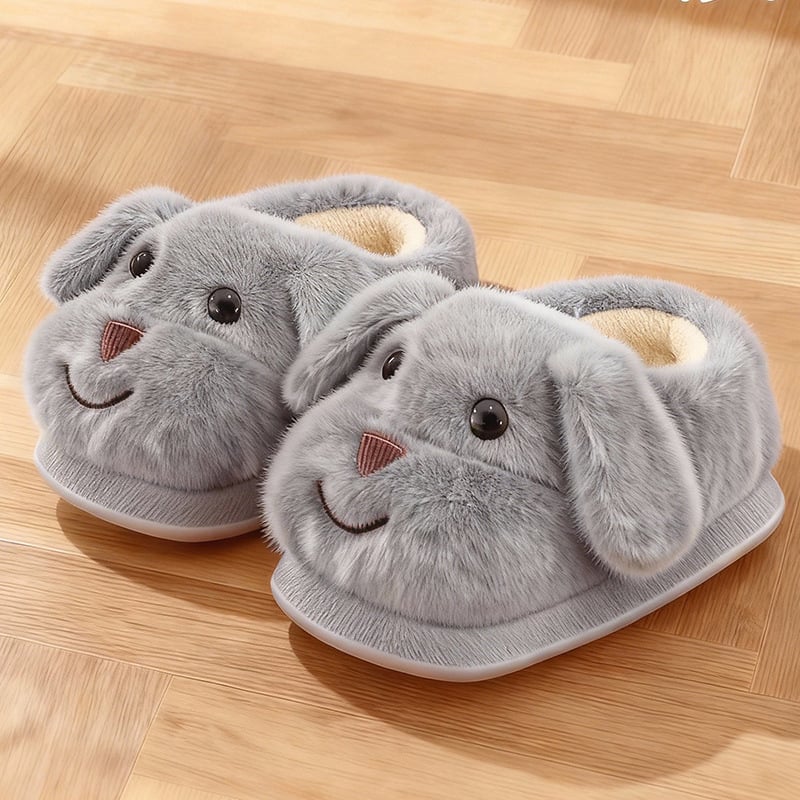 Uniszex gyerek téli beltéri papucs velúr felsőrésszel, rajzolt kutyás mintával, csúszásmentes PVC talppal, vastag belső párnázással