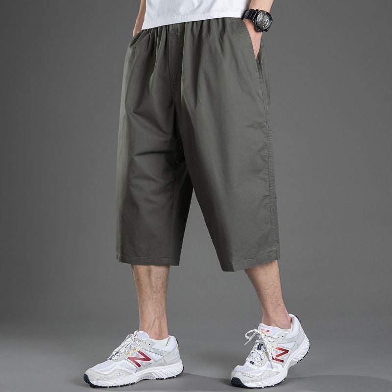 Ανδρικά cropped βαμβακερά παντελόνια με ίσιο κόψιμο, υψηλή μέση, ζώνη, κλείσιμο με κορδόνι