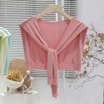 Дамска лятна лека плетена шал-блуза с връзване на талията, Ice Silk, стил Японско-Корейски сладък, Plain weave, Jacquard