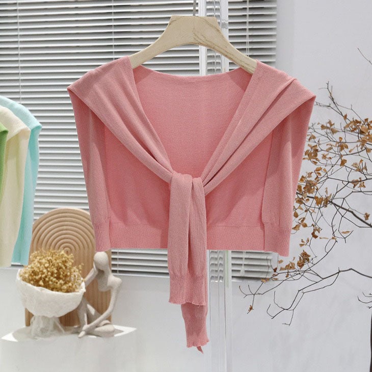 Дамска лятна лека плетена шал-блуза с връзване на талията, Ice Silk, стил Японско-Корейски сладък, Plain weave, Jacquard