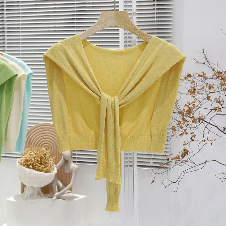 Дамска лятна лека плетена шал-блуза с връзване на талията, Ice Silk, стил Японско-Корейски сладък, Plain weave, Jacquard