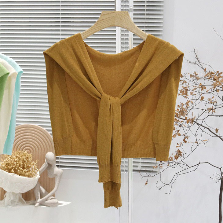 Дамска лятна лека плетена шал-блуза с връзване на талията, Ice Silk, стил Японско-Корейски сладък, Plain weave, Jacquard