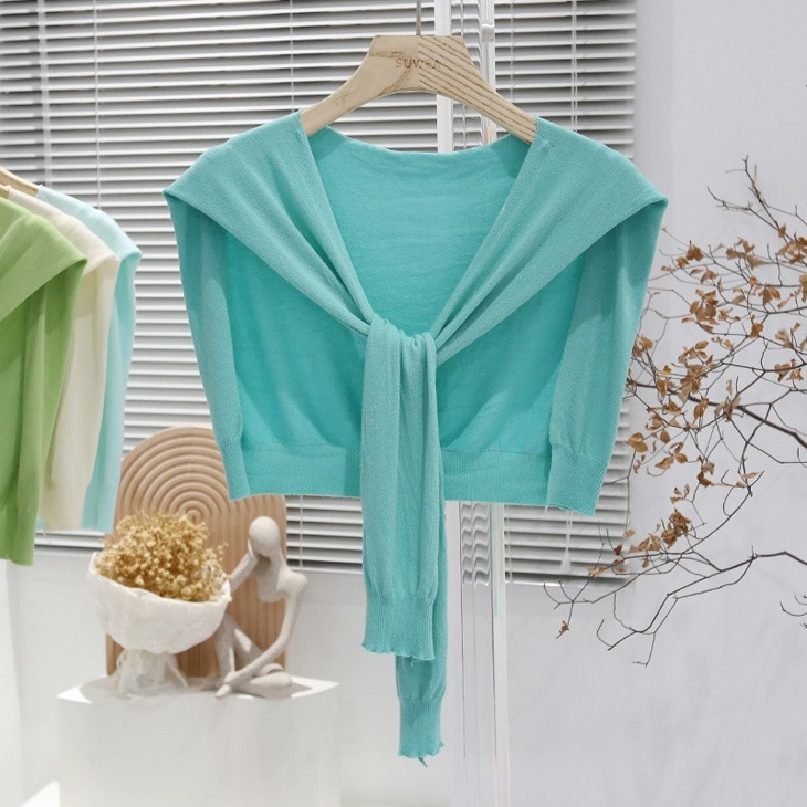 Дамска лятна лека плетена шал-блуза с връзване на талията, Ice Silk, стил Японско-Корейски сладък, Plain weave, Jacquard