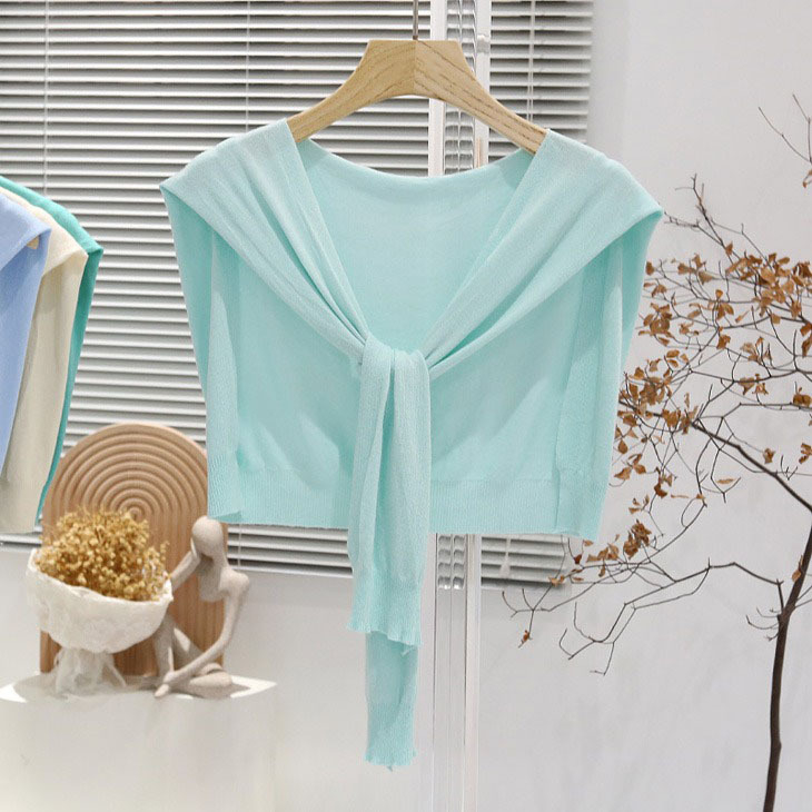 Дамска лятна лека плетена шал-блуза с връзване на талията, Ice Silk, стил Японско-Корейски сладък, Plain weave, Jacquard