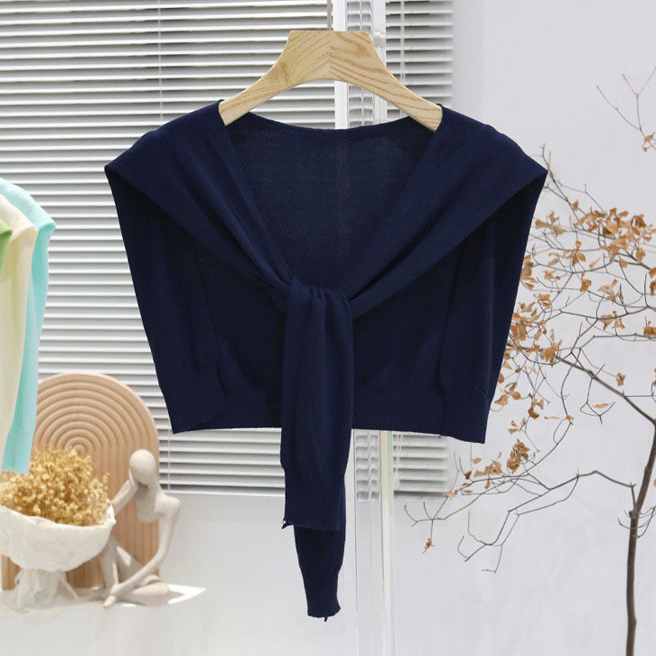 Дамска лятна лека плетена шал-блуза с връзване на талията, Ice Silk, стил Японско-Корейски сладък, Plain weave, Jacquard