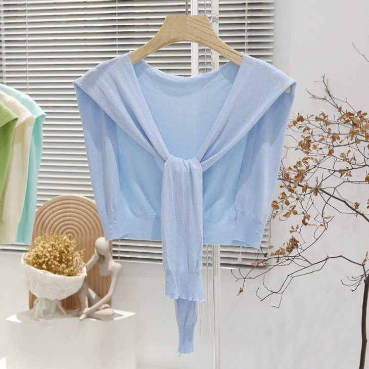 Дамска лятна лека плетена шал-блуза с връзване на талията, Ice Silk, стил Японско-Корейски сладък, Plain weave, Jacquard