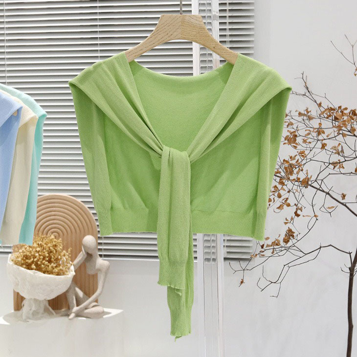 Дамска лятна лека плетена шал-блуза с връзване на талията, Ice Silk, стил Японско-Корейски сладък, Plain weave, Jacquard