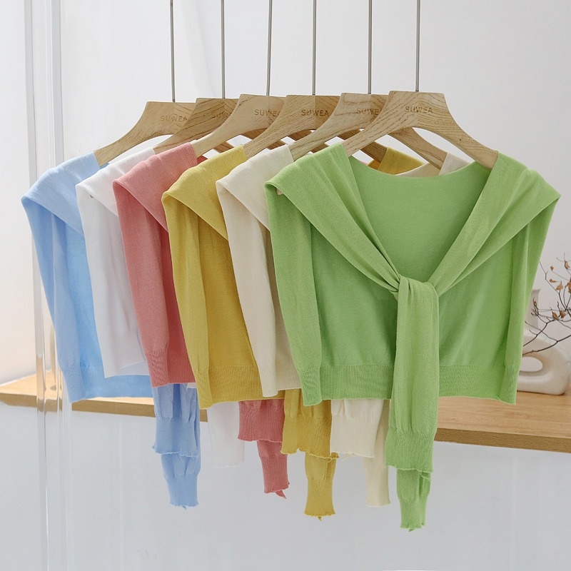 Дамска лятна лека плетена шал-блуза с връзване на талията, Ice Silk, стил Японско-Корейски сладък, Plain weave, Jacquard