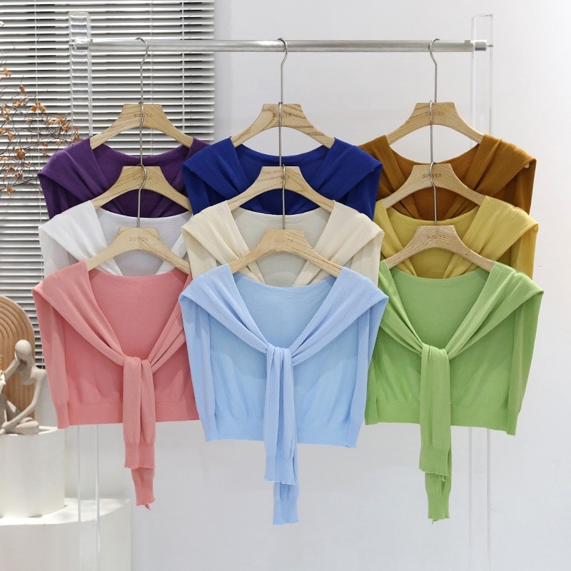 Дамска лятна лека плетена шал-блуза с връзване на талията, Ice Silk, стил Японско-Корейски сладък, Plain weave, Jacquard