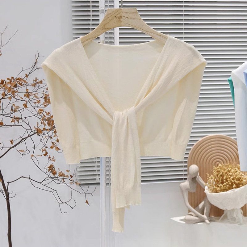 Дамска лятна лека плетена шал-блуза с връзване на талията, Ice Silk, стил Японско-Корейски сладък, Plain weave, Jacquard
