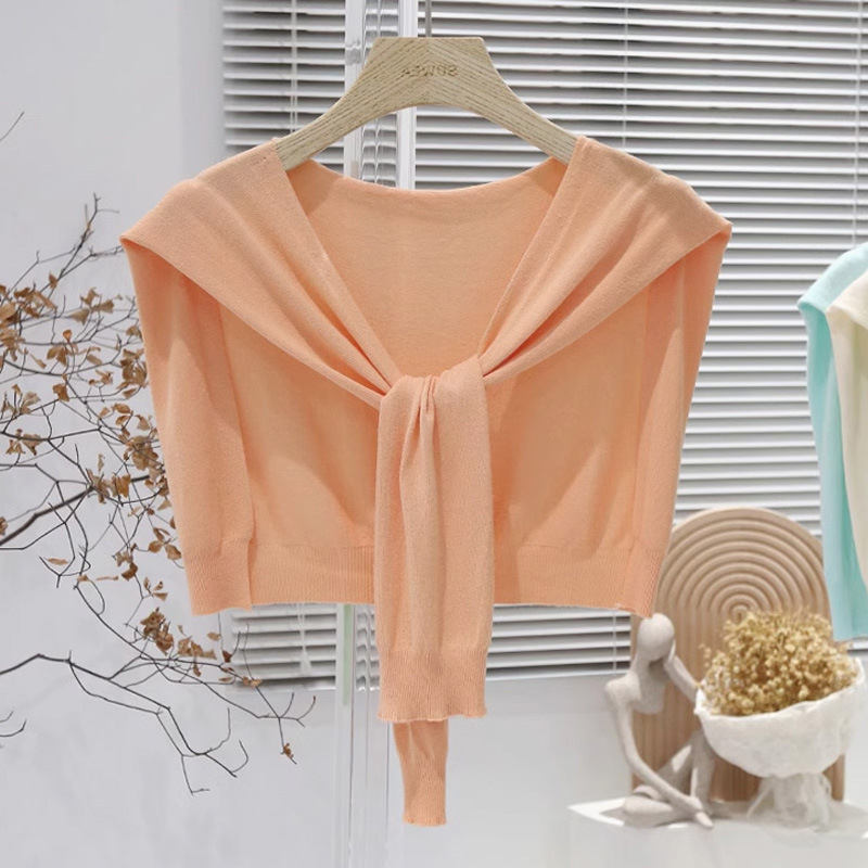Дамска лятна лека плетена шал-блуза с връзване на талията, Ice Silk, стил Японско-Корейски сладък, Plain weave, Jacquard