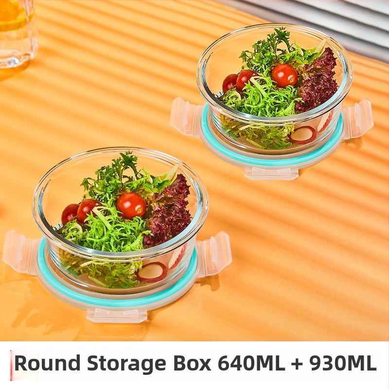 Üveg ebédes doboz, kör alakú, magas boroszilikát üveg, kapacitás 1–2 L, mikrohullámú sütőben használható