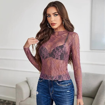 Čipková dámska blúzka s dlhými rukávmi, výstrih do U, geometrický vzor, čipka 30–50% polyesteru, normálna dĺžka 50–65 cm