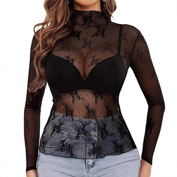 Čipková dámska blúzka s dlhými rukávmi, výstrih do U, geometrický vzor, čipka 30–50% polyesteru, normálna dĺžka 50–65 cm