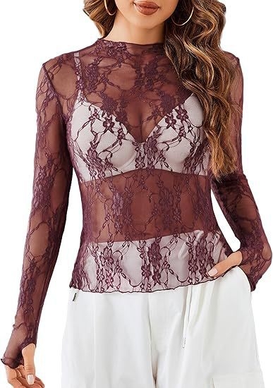 Čipková dámska blúzka s dlhými rukávmi, výstrih do U, geometrický vzor, čipka 30–50% polyesteru, normálna dĺžka 50–65 cm