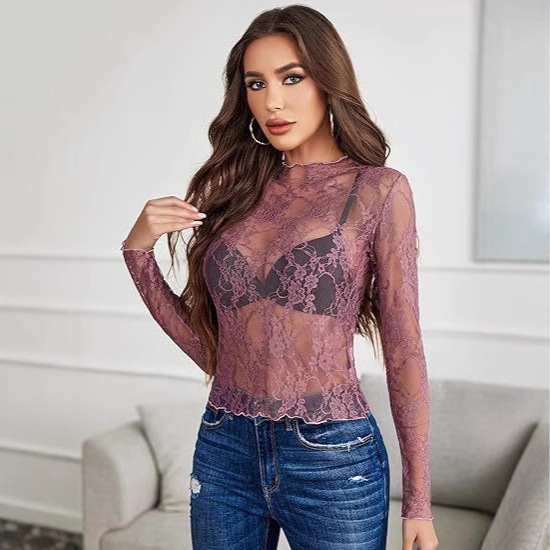 Čipková dámska blúzka s dlhými rukávmi, výstrih do U, geometrický vzor, čipka 30–50% polyesteru, normálna dĺžka 50–65 cm