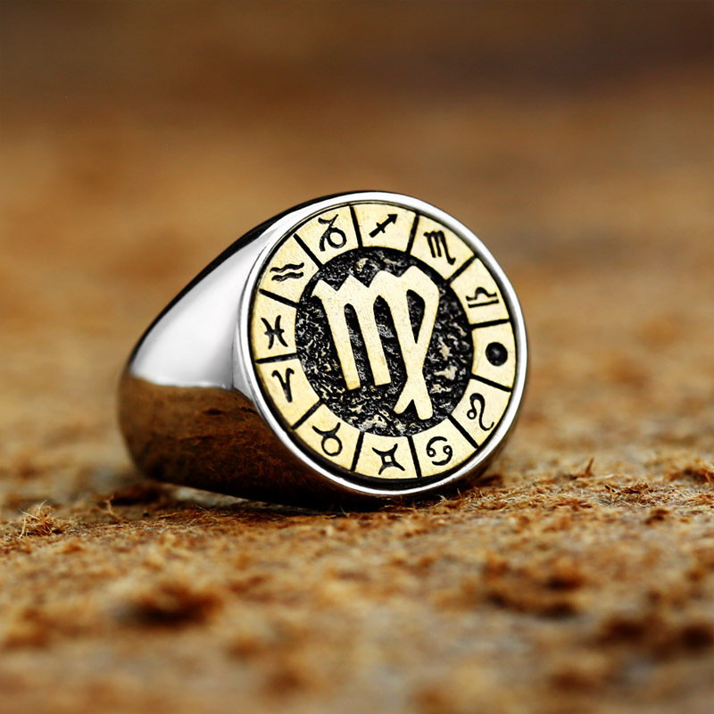 BEIER Tizenkét zodiákus motívumos titánium‑acél gyűrű – uniszex retro dizájn, elektroplattált felület