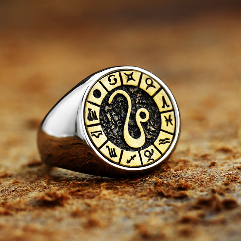 BEIER Tizenkét zodiákus motívumos titánium‑acél gyűrű – uniszex retro dizájn, elektroplattált felület