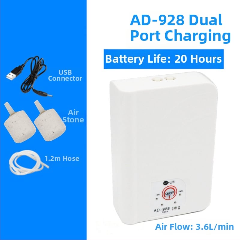 Spirit Companion oxigénszivattyú akváriumhoz – ultra halk, hordozható, USB-töltéses, DC-tápellátás, kettős használat