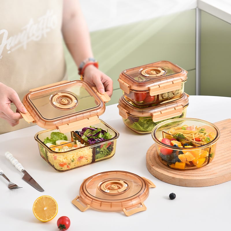 Üveges ebédes doboz kettős rekesszel, élelmiszerbiztos üveg, frissesség megőrzése, mikrohullámú sütőben használható