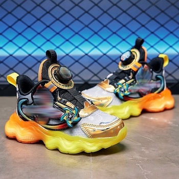 Svietiace detské tenisky pre chlapcov, s karikatúrnym vzorom, horná časť zo super vlákna, podrážka z gumy+ EVA, zapínanie otočným gombom, pre vek 4–6 rokov, uvedenie na jeseň 2024