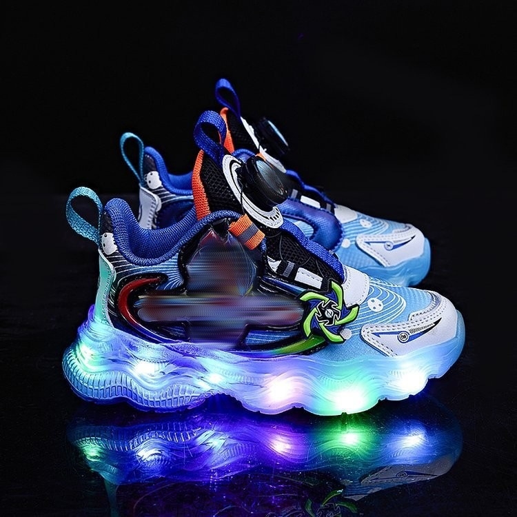 Svietiace detské tenisky pre chlapcov, s karikatúrnym vzorom, horná časť zo super vlákna, podrážka z gumy+ EVA, zapínanie otočným gombom, pre vek 4–6 rokov, uvedenie na jeseň 2024