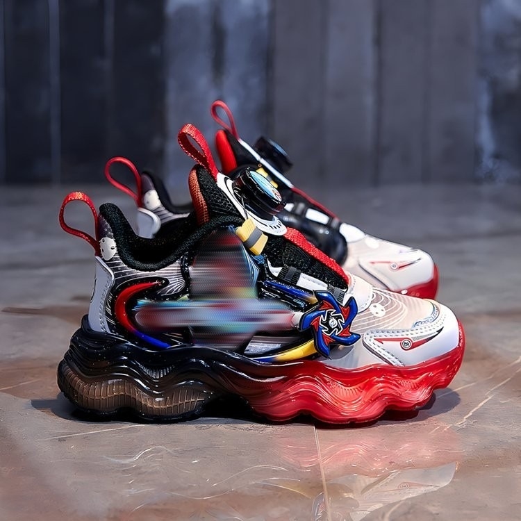 Svietiace detské tenisky pre chlapcov, s karikatúrnym vzorom, horná časť zo super vlákna, podrážka z gumy+ EVA, zapínanie otočným gombom, pre vek 4–6 rokov, uvedenie na jeseň 2024