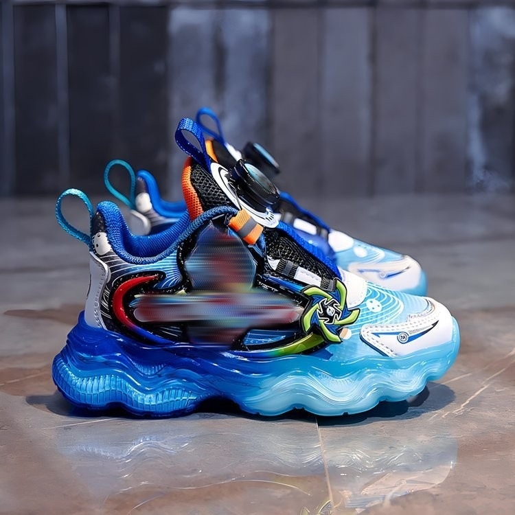 Svietiace detské tenisky pre chlapcov, s karikatúrnym vzorom, horná časť zo super vlákna, podrážka z gumy+ EVA, zapínanie otočným gombom, pre vek 4–6 rokov, uvedenie na jeseň 2024