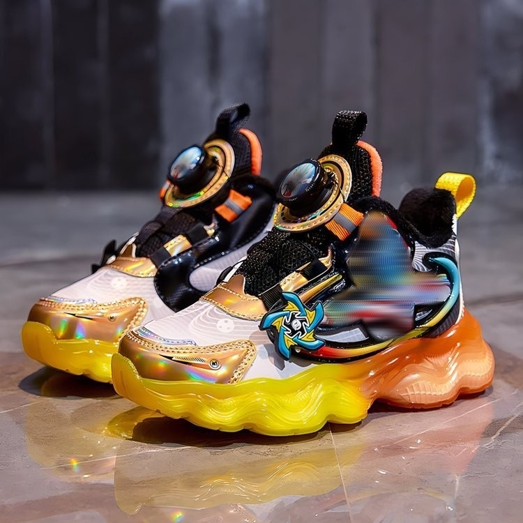 Svietiace detské tenisky pre chlapcov, s karikatúrnym vzorom, horná časť zo super vlákna, podrážka z gumy+ EVA, zapínanie otočným gombom, pre vek 4–6 rokov, uvedenie na jeseň 2024