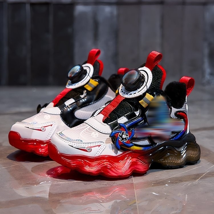 Svietiace detské tenisky pre chlapcov, s karikatúrnym vzorom, horná časť zo super vlákna, podrážka z gumy+ EVA, zapínanie otočným gombom, pre vek 4–6 rokov, uvedenie na jeseň 2024