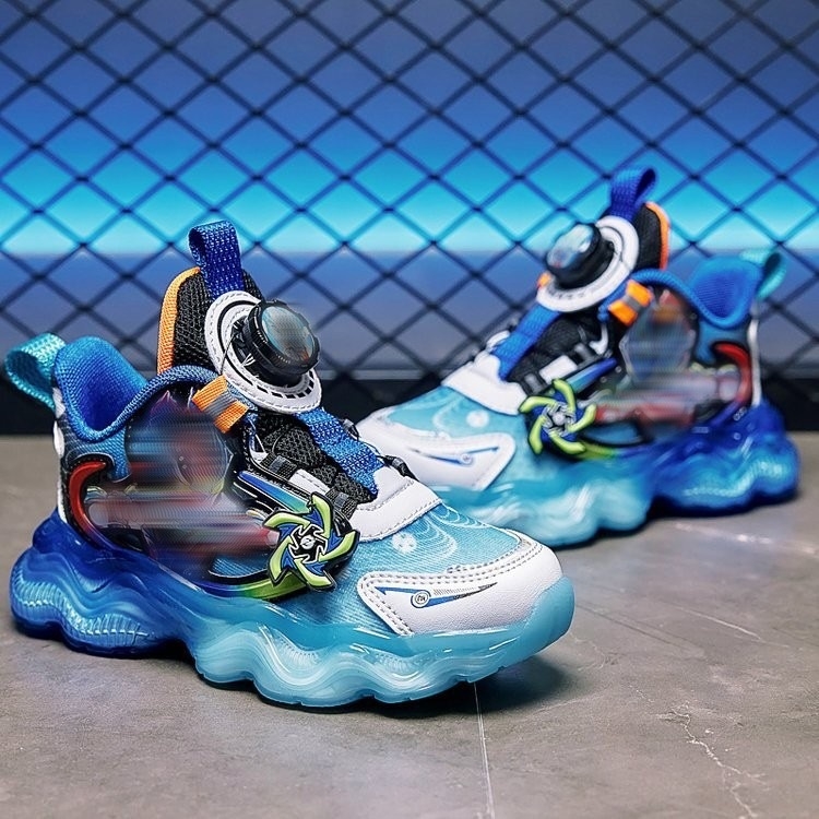 Svietiace detské tenisky pre chlapcov, s karikatúrnym vzorom, horná časť zo super vlákna, podrážka z gumy+ EVA, zapínanie otočným gombom, pre vek 4–6 rokov, uvedenie na jeseň 2024