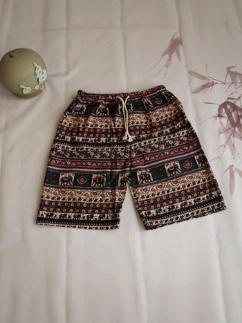 Σορτς με μοτίβο ελέφαντα Ταϊλάνδης από βαμβακο-λινή μίξη, cropped, ίσια γραμμή, 94% βαμβάκι, μικρή ελαστικότητα, εθνικό στυλ