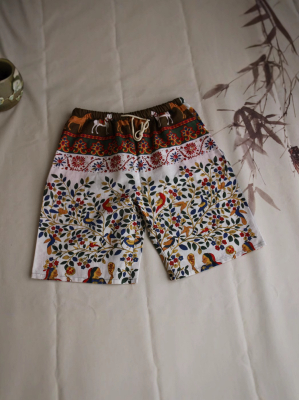 Σορτς με μοτίβο ελέφαντα Ταϊλάνδης από βαμβακο-λινή μίξη, cropped, ίσια γραμμή, 94% βαμβάκι, μικρή ελαστικότητα, εθνικό στυλ