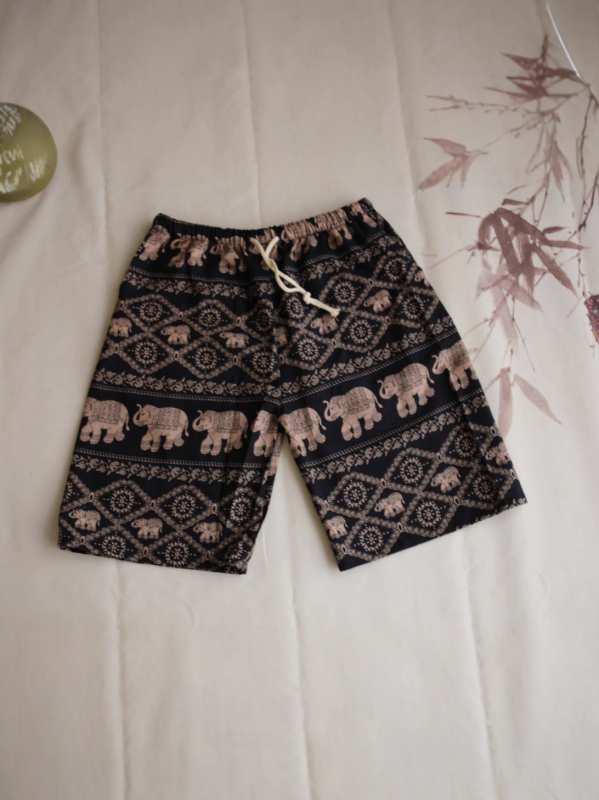 Σορτς με μοτίβο ελέφαντα Ταϊλάνδης από βαμβακο-λινή μίξη, cropped, ίσια γραμμή, 94% βαμβάκι, μικρή ελαστικότητα, εθνικό στυλ