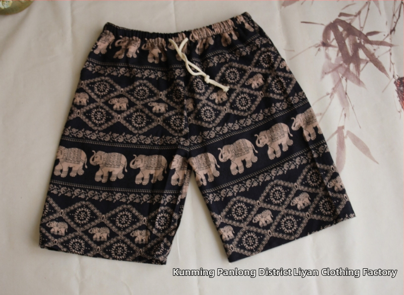 Σορτς με μοτίβο ελέφαντα Ταϊλάνδης από βαμβακο-λινή μίξη, cropped, ίσια γραμμή, 94% βαμβάκι, μικρή ελαστικότητα, εθνικό στυλ