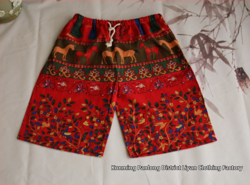 Σορτς με μοτίβο ελέφαντα Ταϊλάνδης από βαμβακο-λινή μίξη, cropped, ίσια γραμμή, 94% βαμβάκι, μικρή ελαστικότητα, εθνικό στυλ