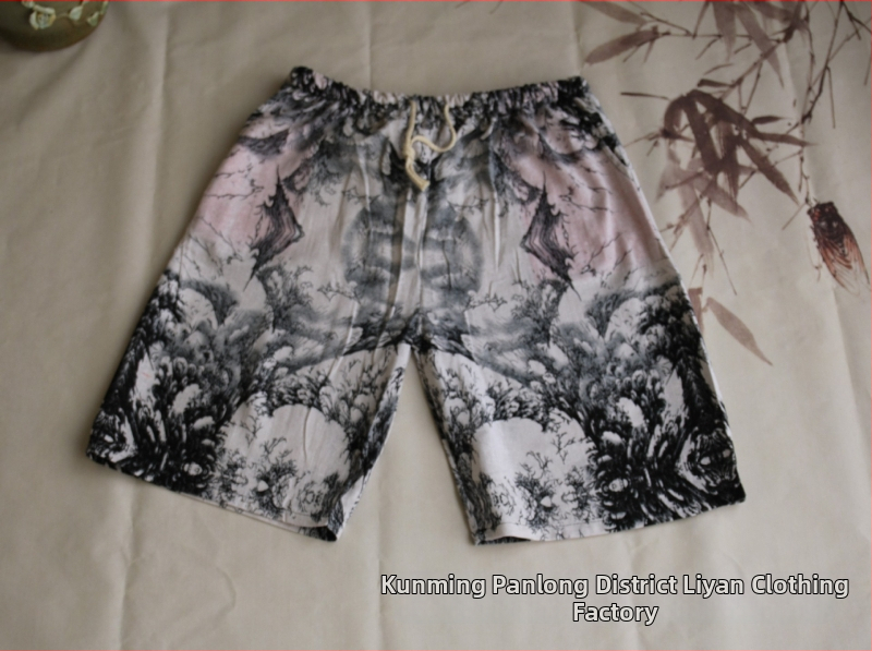 Σορτς με μοτίβο ελέφαντα Ταϊλάνδης από βαμβακο-λινή μίξη, cropped, ίσια γραμμή, 94% βαμβάκι, μικρή ελαστικότητα, εθνικό στυλ