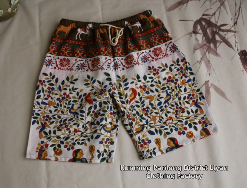 Σορτς με μοτίβο ελέφαντα Ταϊλάνδης από βαμβακο-λινή μίξη, cropped, ίσια γραμμή, 94% βαμβάκι, μικρή ελαστικότητα, εθνικό στυλ