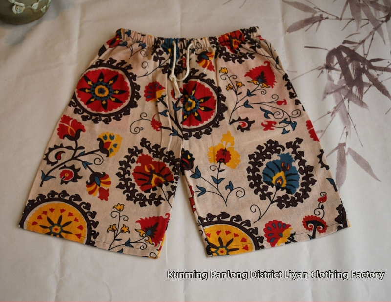 Σορτς με μοτίβο ελέφαντα Ταϊλάνδης από βαμβακο-λινή μίξη, cropped, ίσια γραμμή, 94% βαμβάκι, μικρή ελαστικότητα, εθνικό στυλ