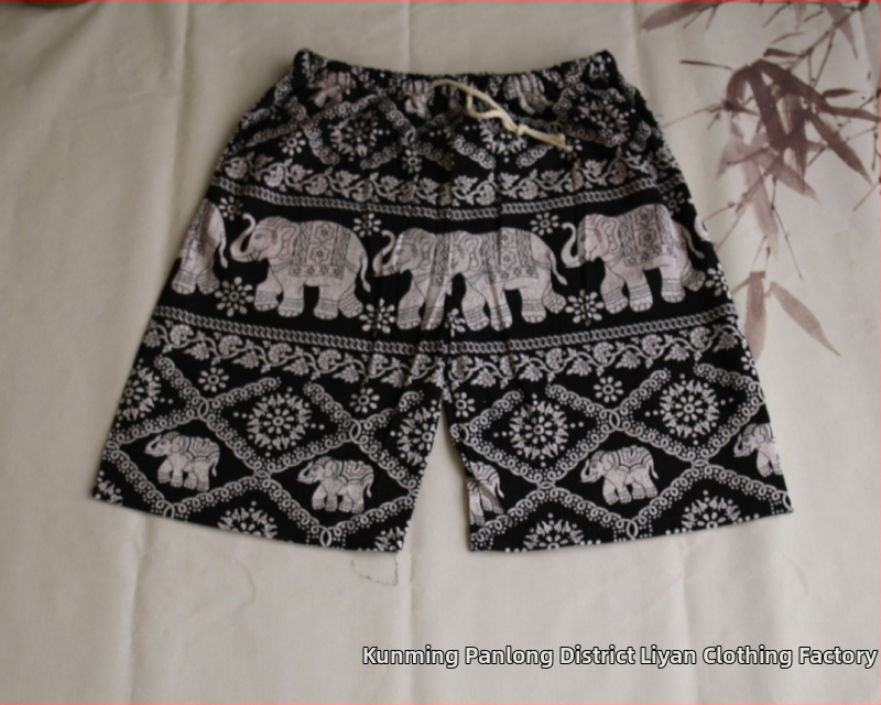 Σορτς με μοτίβο ελέφαντα Ταϊλάνδης από βαμβακο-λινή μίξη, cropped, ίσια γραμμή, 94% βαμβάκι, μικρή ελαστικότητα, εθνικό στυλ