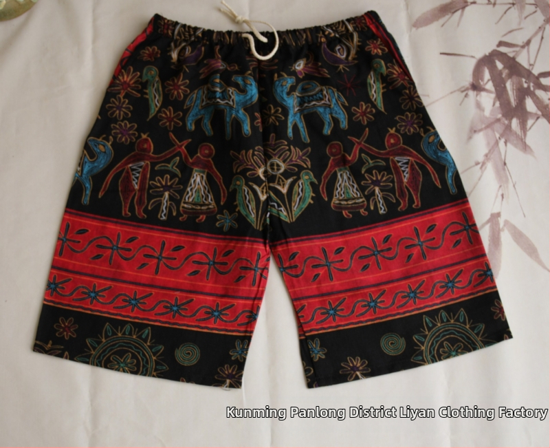 Σορτς με μοτίβο ελέφαντα Ταϊλάνδης από βαμβακο-λινή μίξη, cropped, ίσια γραμμή, 94% βαμβάκι, μικρή ελαστικότητα, εθνικό στυλ