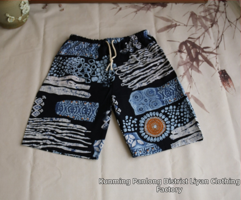 Σορτς με μοτίβο ελέφαντα Ταϊλάνδης από βαμβακο-λινή μίξη, cropped, ίσια γραμμή, 94% βαμβάκι, μικρή ελαστικότητα, εθνικό στυλ