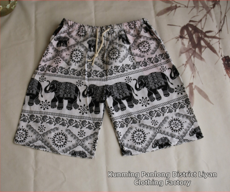 Σορτς με μοτίβο ελέφαντα Ταϊλάνδης από βαμβακο-λινή μίξη, cropped, ίσια γραμμή, 94% βαμβάκι, μικρή ελαστικότητα, εθνικό στυλ