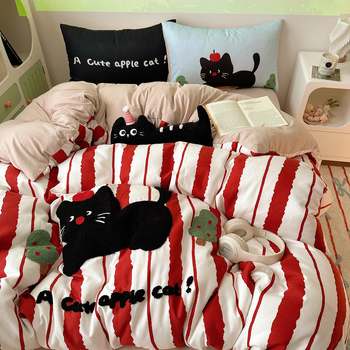 Set de lenjerie pat din bumbac spălat, patru piese, cu broderie cartoon și vopsire reactive