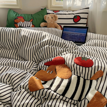 Set de lenjerie pat din bumbac spălat, patru piese, cu broderie cartoon și vopsire reactive