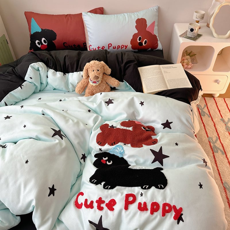 Set de lenjerie pat din bumbac spălat, patru piese, cu broderie cartoon și vopsire reactive