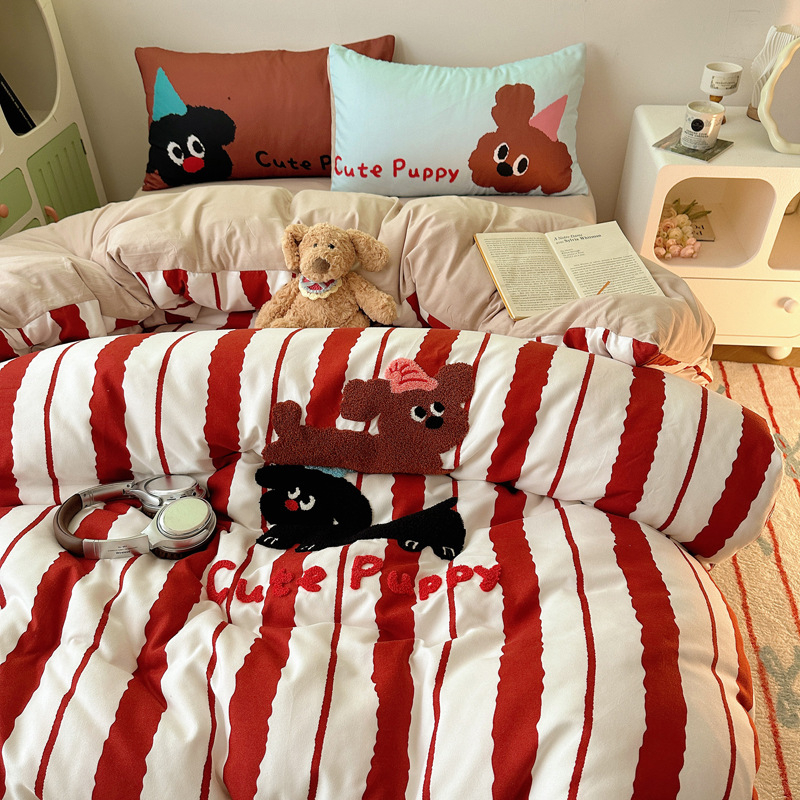 Set de lenjerie pat din bumbac spălat, patru piese, cu broderie cartoon și vopsire reactive