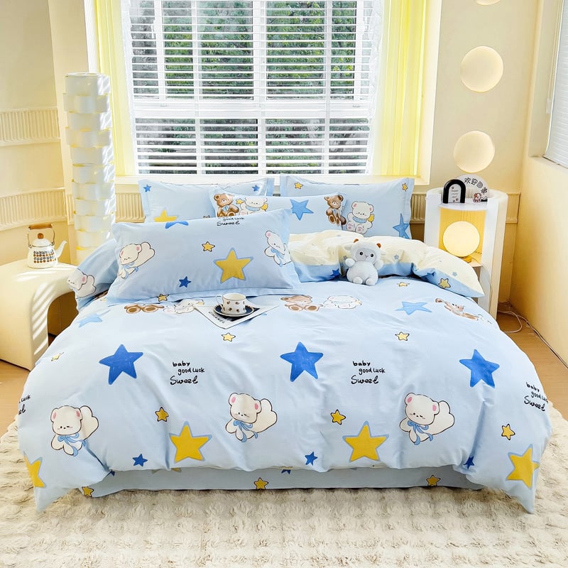 Комплект спално бельо от 100% памук, три части, с принт растения и цветя, реактивен печат, твил тъкан