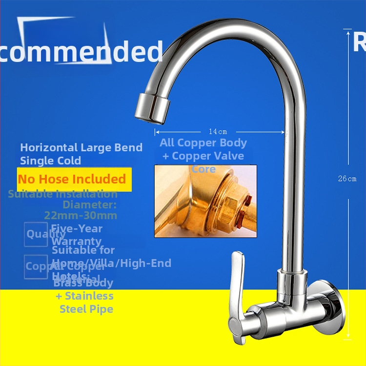 Kuchynský drezový kohút, nástenný, meď, iba studená voda, moderný minimalistický štýl, celokovový ventil, ručné ovládanie, jednosed dizajn